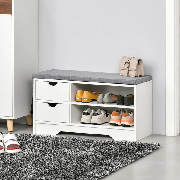 Banco Sapateira con Assento 2 Prateleiras Bolso Almohada Amovible y 2 Gavetas Banco de Entrada Capacidad para 4 Pares de zapatos para Entrada Corredor Moderno 80,5x30,5x43,5 cm Blanco y gris