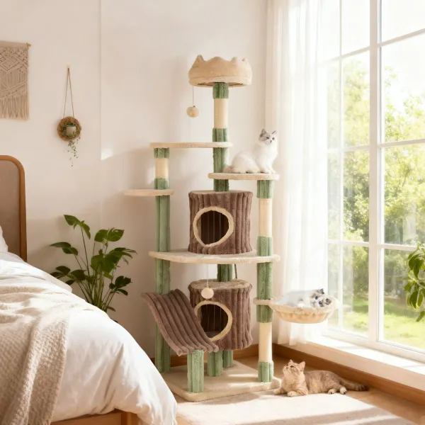 Tour pour Chats 163 cm avec 2 Condos Plateformes Rembourées Poteaux à Griffer Sisal Vert