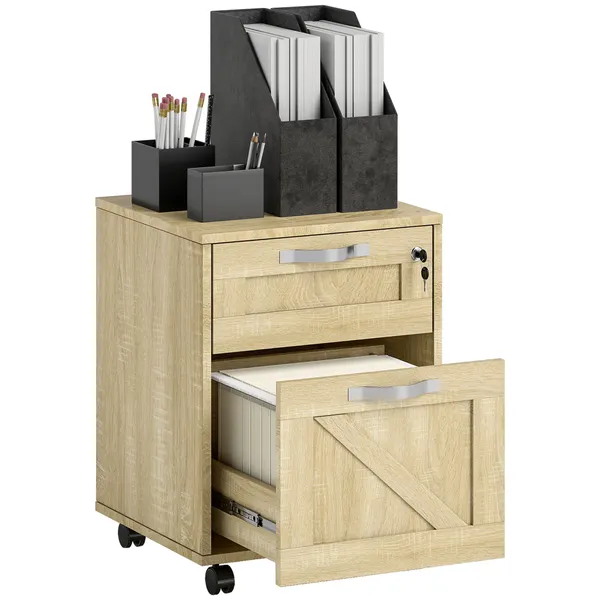 Bloco de Gavetas para Escritório com 2 Gavetas Bloco de Gavetas com Rodas Móvel para Arquivos com Fechadura e Suporte para Pastas Suspensas Tamanho A4 41x42x56 cm Madeira