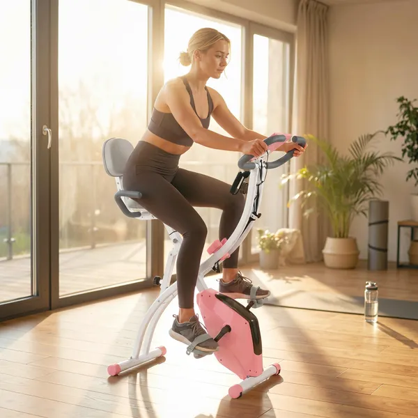 Bici statica pieghevole con altezza regolabile e resistenza con schermo LCD e sedile con schienale 51x97x115 cm Rosa