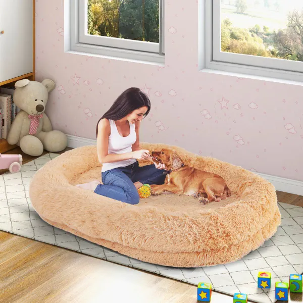 Cama para Siesta Lavable y Esponjosa de Piel Sintética Se Adapta Mascotas y Personas Adultos con Manta Almohada 171 x 115 x 25 cm