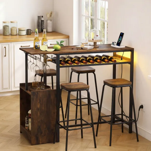 Mesa de Bar Alta con Estación de Carga Botellero y Copa Estantería 2 Niveles Luz Ajustable