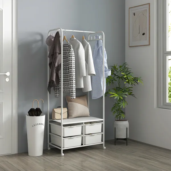 Charriot con Sapateiro Moderno 8 Ganchos y 4 Cestos para Almacenamiento Charriot de Entrada con Rodas y Estructura de Acero para Sala de Estar Dormitorio Corredor 63x37x153 cm Blanco