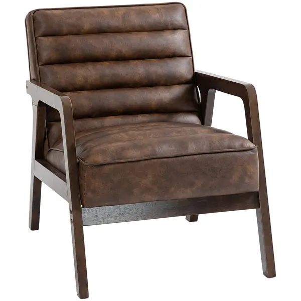 Poltrona Vintage Estofada em Couro Sintético com Almofada Espessa Estrutura em Madeira Maciça para Sala ou Quarto 64x79,5x80 cm Castanho