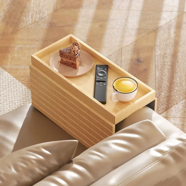 Bandeja de Braço para Sofá em Bambu Bandeja para Apoio de Braço de Sofá Dobrável e Flexível com Base Antiderrapante Mesa Lateral para Snacks Telemóveis Controlos e Bebidas 45x33,5x3 cm Madeira