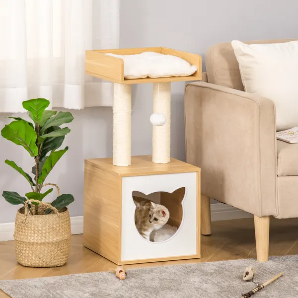Árbol para gatos de 2 Niveles con Caverna Superior Postes Arranhadores de Sisal Natural Almofadas Lavables y Bola de Brinquedo 35x35x81cm Carvalho