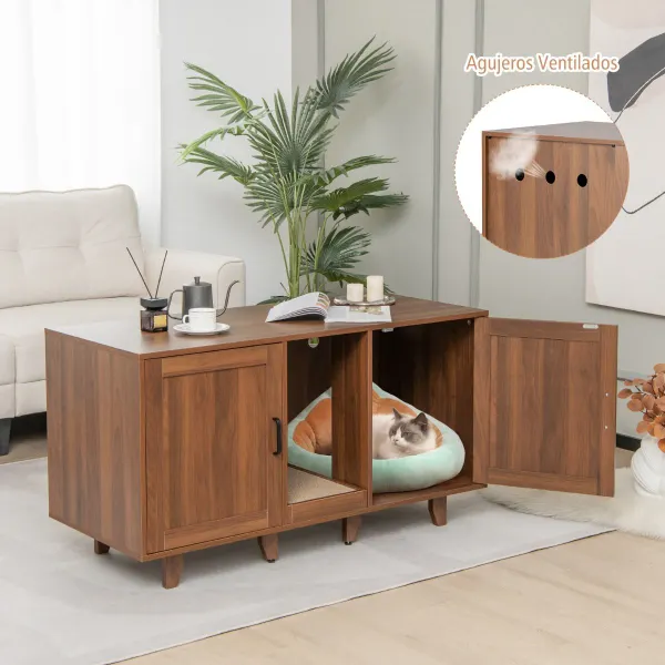 Meuble pour Chats avec Toilette Cachée, Grattoir et Pieds en Bois Amovibles 120x52x65cm