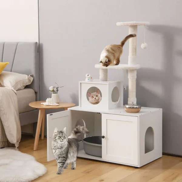 Casa para Gatos con Armario para Almacenar Caja de Arena y Torre Rascadora 77,5x49x132cm