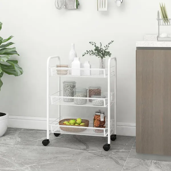 Carrinho de cozinha com 3 prateleiras ferro 46x26x64 cm branco