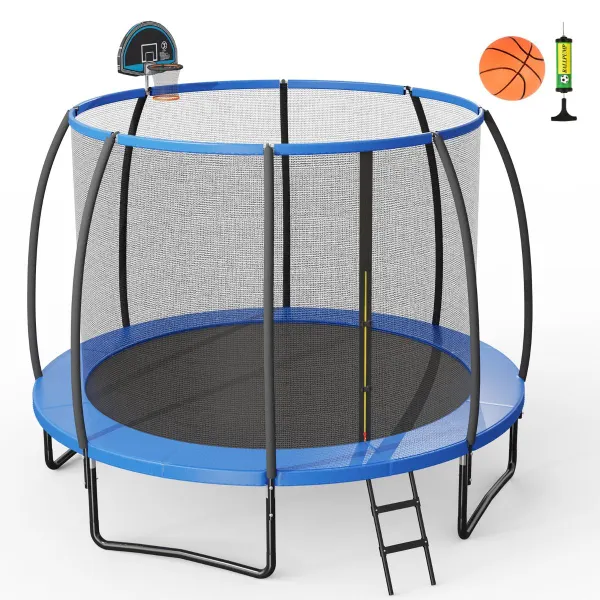 Trampoline Extérieur avec Panier de Basket, Filet de Sécurité et Échelle 3,6m