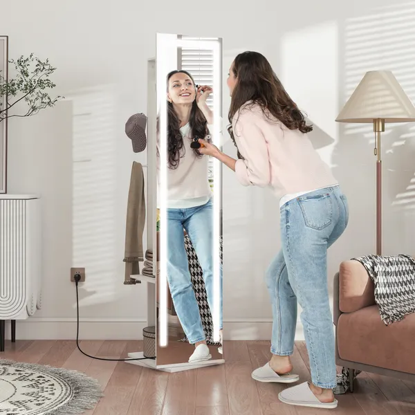 Espelho para Jóias com Luzes LED Armário para Jóias com Espelho de Corpo Inteiro Rotativo 360° Prateleiras Abertas Barras para Pendurar 38,5x38,5x172,5 cm Branco
