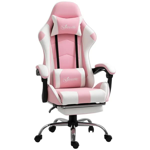 Cadeira de Gaming Reclinável Cadeira Gaming Giratória com Apoio para a Cabeça Apoio para os Pés Almofada Lombar Altura Ajustável para Escritório Estúdio 64x67x119-127 cm Rosa