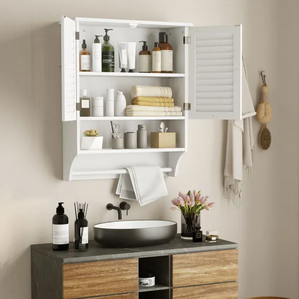 Armario de Pared para Baño con 2 Puertas Estante Ajustable y Barra de Toalla 60x22x75 cm