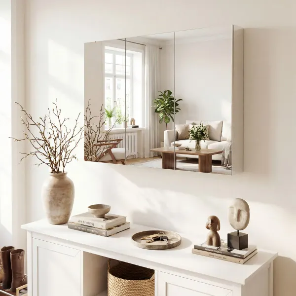 Armoire Miroir Salle de Bain 87 cm 3 Portes Encastrée ou Murale 6 Compartiments Finition Imitation Bois