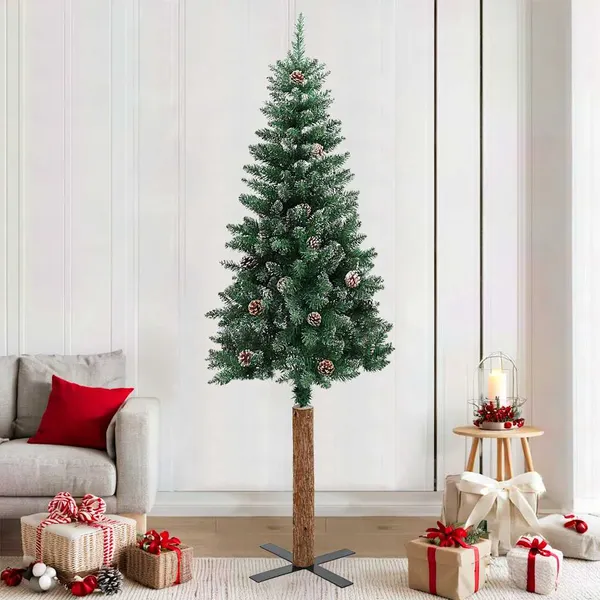 Árvore de Natal fina madeira genuína e neve branca 210 cm verde