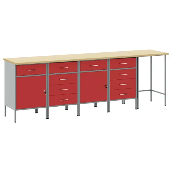 Conjunto de Armários de Trabalho Manual 5 pcs Vermelho e Cinza