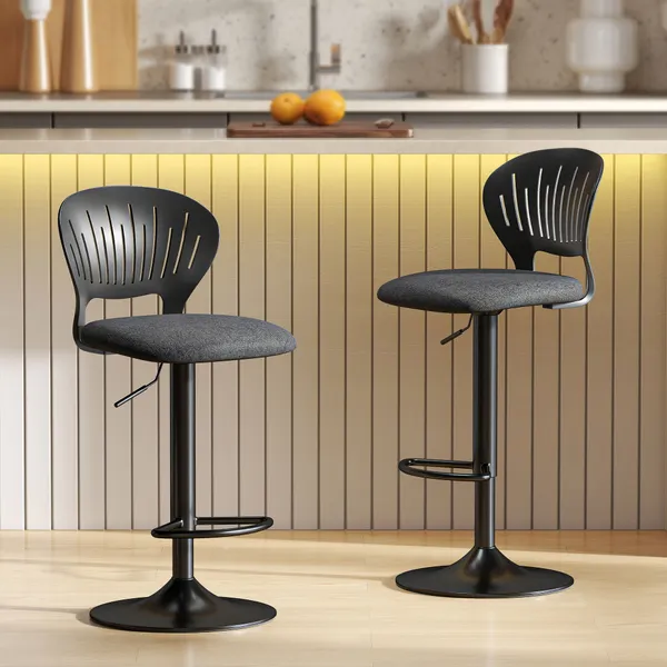 Conjunto de 2 Bancos Altos de Cozinha Giratórios a 360° Bancos de Bar Reguláveis em Altura de 84-105 cm Encosto Oco Apoio para os Pés para Sala de Jantar Balcão 40,5x43x84-105 cm Preto