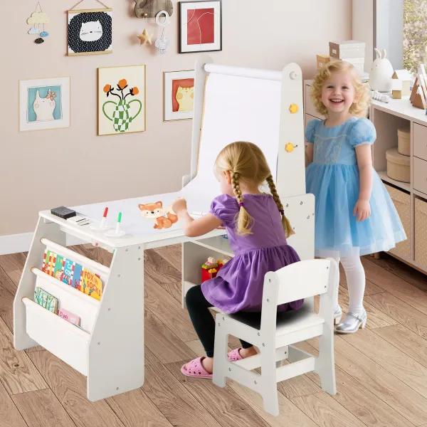 Conjunto Mesa e Cadeira de Arte para Crianças com 2 Quadros Papel Tinta Cavalete Cinzento Branco