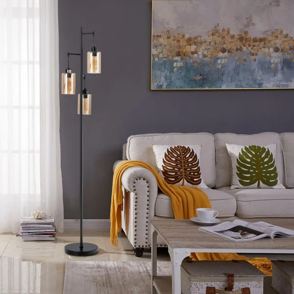Luminária de Pé com 3 Cabeças Pantalla em Vidro Âmbar 24,5 x 164 cm