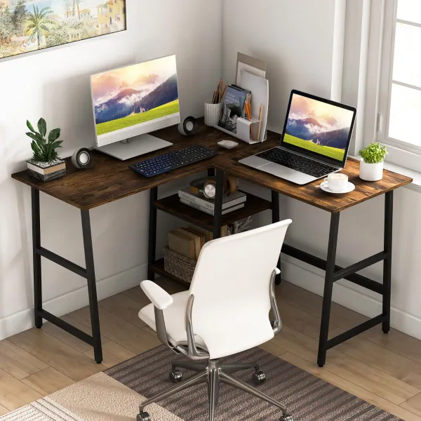 Secretária em L com Tomadas e Portas USB – 120cm com Prateleiras
