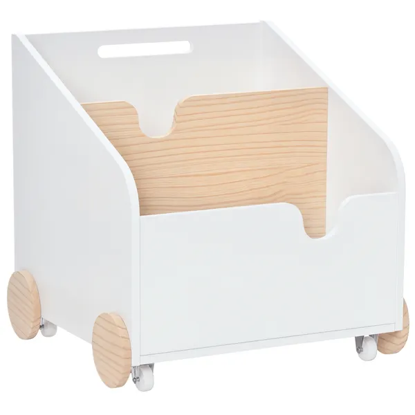2 sezioni scatola di stoccaggio giocattolo con ruote Puller Carretto di legno per bambini 40x43x43cm Legno bianco e naturale