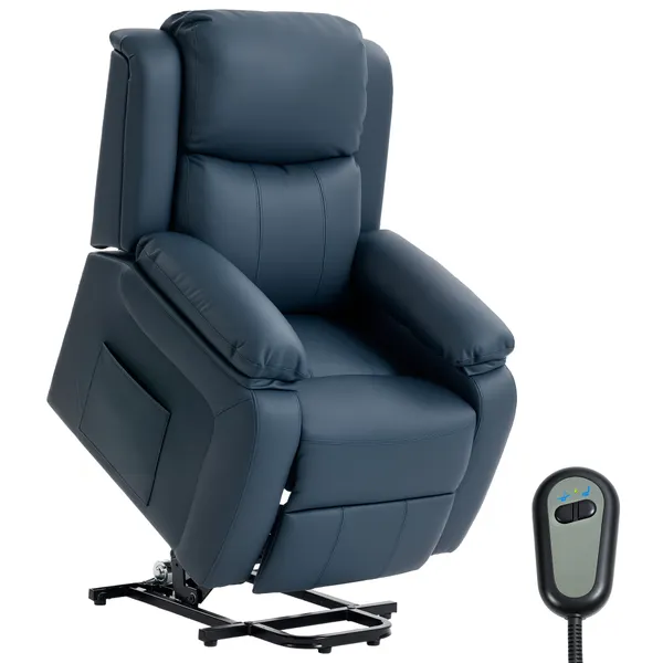 Poltrona Relax Levanta Personas con Control Remoto Reclinación Eléctrica de 160° Apoyo a los pies Estofado en PU y Bolsos Laterais 76x90x105 cm Azul oscuro
