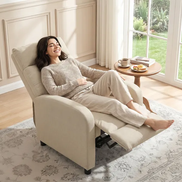 Poltrona Relax Reclinável até 155° Poltrona Reclinável Manual Estofado em Tecido Carga Máxima 150 kg para Pessoas com Altura Inferior 195 cm 67x87x98 cm Bege