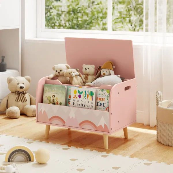 Organiseur de Jouets en Bois avec Coffre Basculant et Charnière de Sécurité Rose