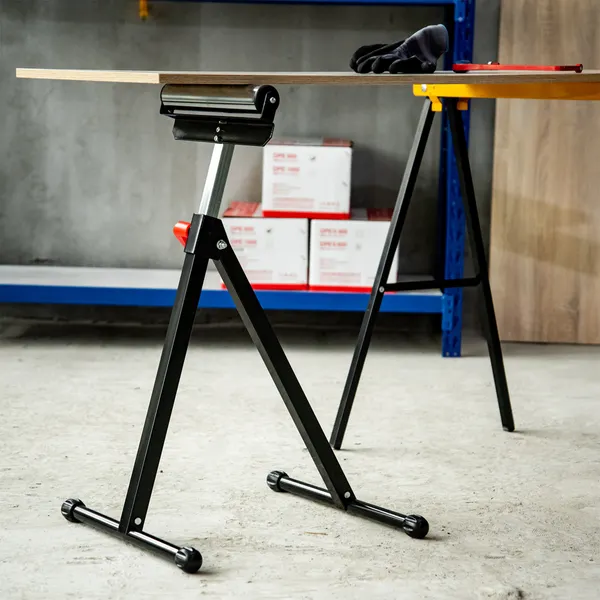 Support avec rouleau pliable et hauteur réglable entre 68 et 110cm avec poignée de blocage Max Load. 60/90kg Cavalette télescopique noir et argent