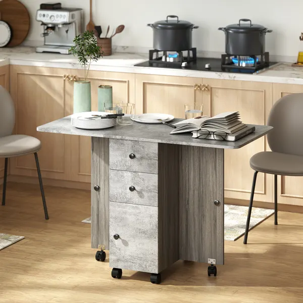 Mesa de Refeição Dobrável com Rodas Mesa Abatível com 2 Gavetas e Armário Mesa Auxiliar Multifuncional para Estúdio Cozinha 120x60x76,5 cm Cinza