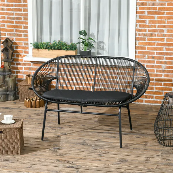 Sofá Acapulco de 2 Lugares Sofá de Jardín con Apoyos de Brazo Almofada y Estructura de Acero Capacidad 260 kg para Varanda Terraço Pátio 132x72x83 cm Negro
