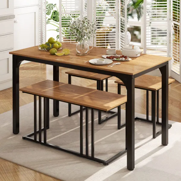 Ensemble Table à Manger 4 Pièces avec Banc et 2 Tabourets - Cadre Métal Style Industriel