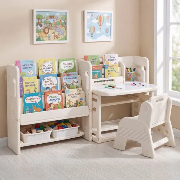 Conjunto Escritório e Cadeira Infantil com Estantes Laterais Caixas Armazenamento Quadro Branco 3+ Anos Creme