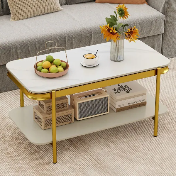 Mesa de Café Moderna Rectangular 2 Níveis Tampo Sinterizado Estrutura Metálica Branco