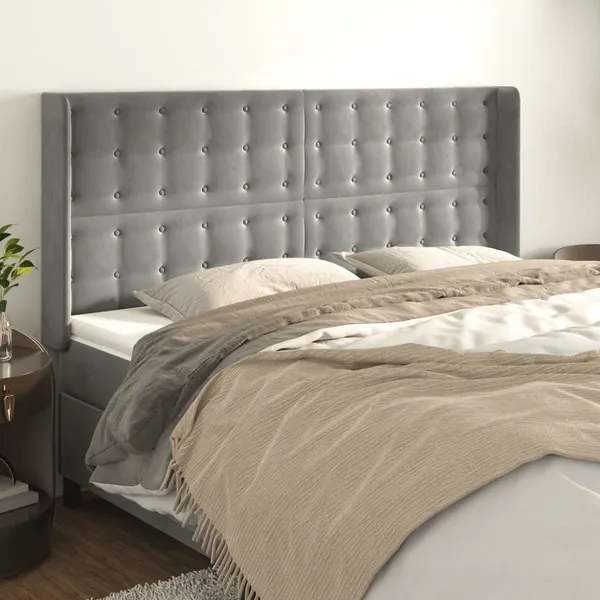 Cabeceira cama c/ abas veludo 183x16x118/128 cm cinzento-claro