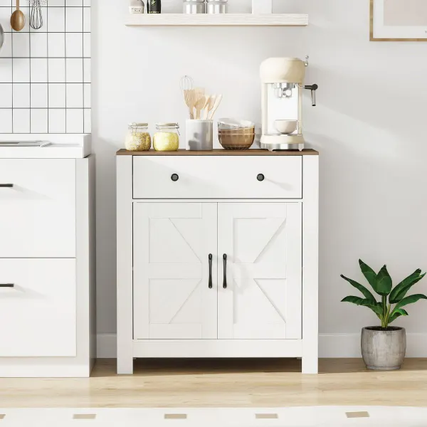 Buffet Apparador Style Rustique avec Tiroir, 5 Étagères Ajustables et 2 Portes Blanc 76x40x85cm