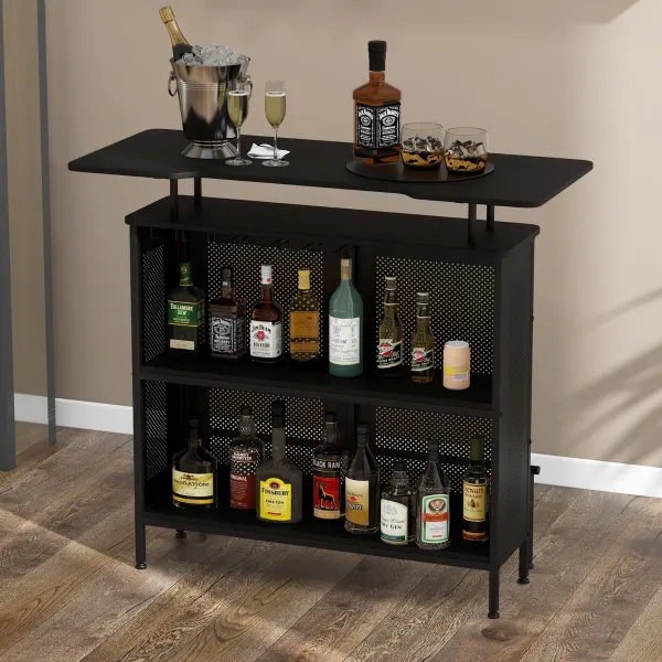Mesa Alta de Bar Armario de Metal con 2 Estantes para Vino y 6 Soportes para Copas 120x50x106,5cm