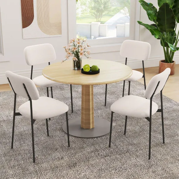 Set 4 Chaises Salle à Manger Modernes Tapissées Lin Pieds Métal Beige