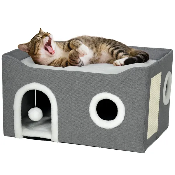 Casa Dobrável para Gatos, Cama para Gatos com Arranhador, 3 Entradas, Bola Suspensa, Almofada Reversível em Pelúcia e Tipo Linho, para Interior, 60x40x34 cm, Cinzento