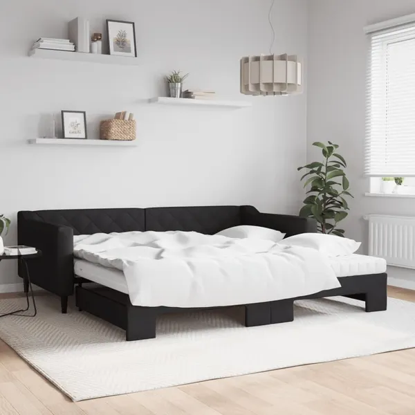 Sofá-cama com gavetão e colchões 100x200 cm tecido preto