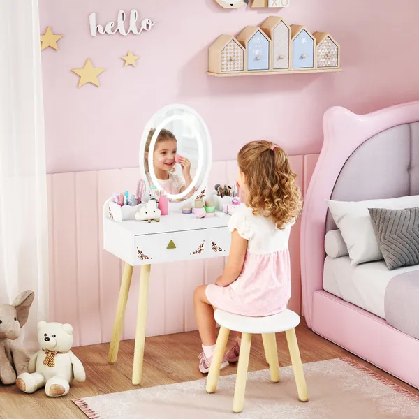 Tocador de Maquilhagem com Luzes LED de 3 Cores 2 em 1 Tocador Infantil com Banco Espelho 2 Gavetas 2 Caixas de Armazenamento para Crianças acima de 3 Anos 60x30x99,3 cm Branco