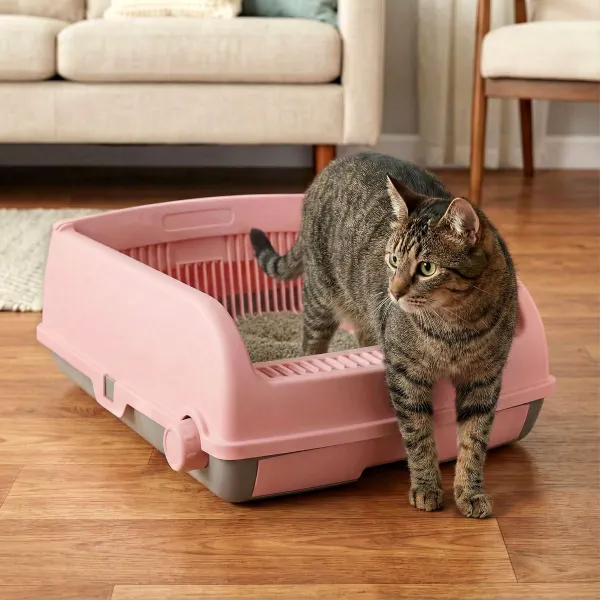 Lettiera per Gatti Semi-Automatica Coperchio Aperto Lati Alti Antispruzzi Vassoio e Pala Scorrevole Rosa