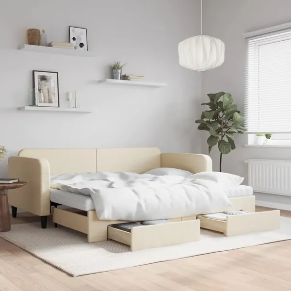 Sofá-cama com gavetão e gavetas 90x200 cm tecido cor creme
