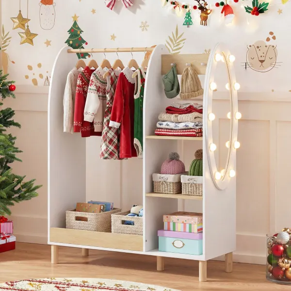 Armario Infantil con Espejo y Luces LED Estantes Ganchos Organizador Blanco