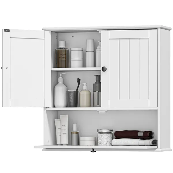 Armário Casa de Banho de Parede Móvel Rústico com Prateleira Ajustável Dupla Porta Porta Basculante e Fecho Magnético para Cozinha Lavandaria sobre o Vaso Sanitário 60x19,5x60 cm Branco