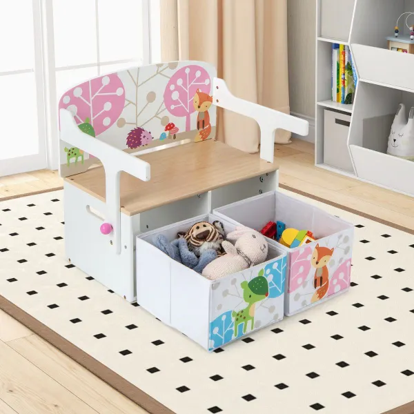 Set Tavolo e Sedia Bambini 3 in 1 con 2 Contenitori Tessuto Estraibili