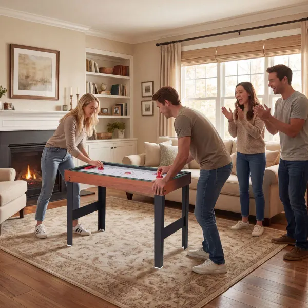 Mesa de Juegos 4 en 1 con Futbolín Billar Air Hockey y Tenis de Mesa para Sala de Juegos Natural
