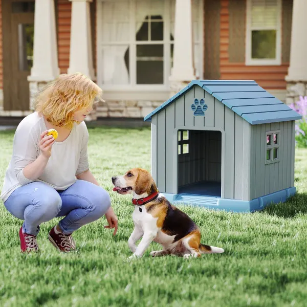Casota de Plástico para Cães Impermeável Isolada com Ventilações Azul+Cinza