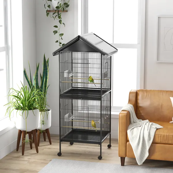 Gaiola para pájaros 2 en 1 Gaiola de 2 Andares Convertible en Solo Una con ruedas 4 Comedouros y 4 Poleros y Bandejas móviles para Canarios 78x75x168 cm Negro