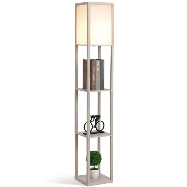 Candeeiro de Pé de Madeira com 3 Prateleiras De Armazenamento para Lâmpada E27 Potência Máx. 40W Candeeiro Moderno para Sala de Estar Dormitório 26x26x160cm Carvalho e Branco